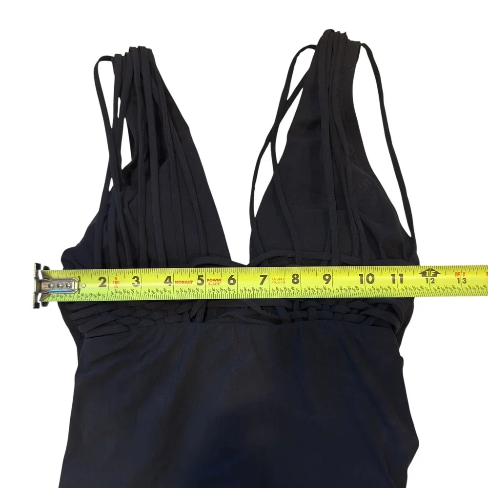Badgley Mischka Black One Piece Swimsuit Plunge Braided Straps Size‎ 6